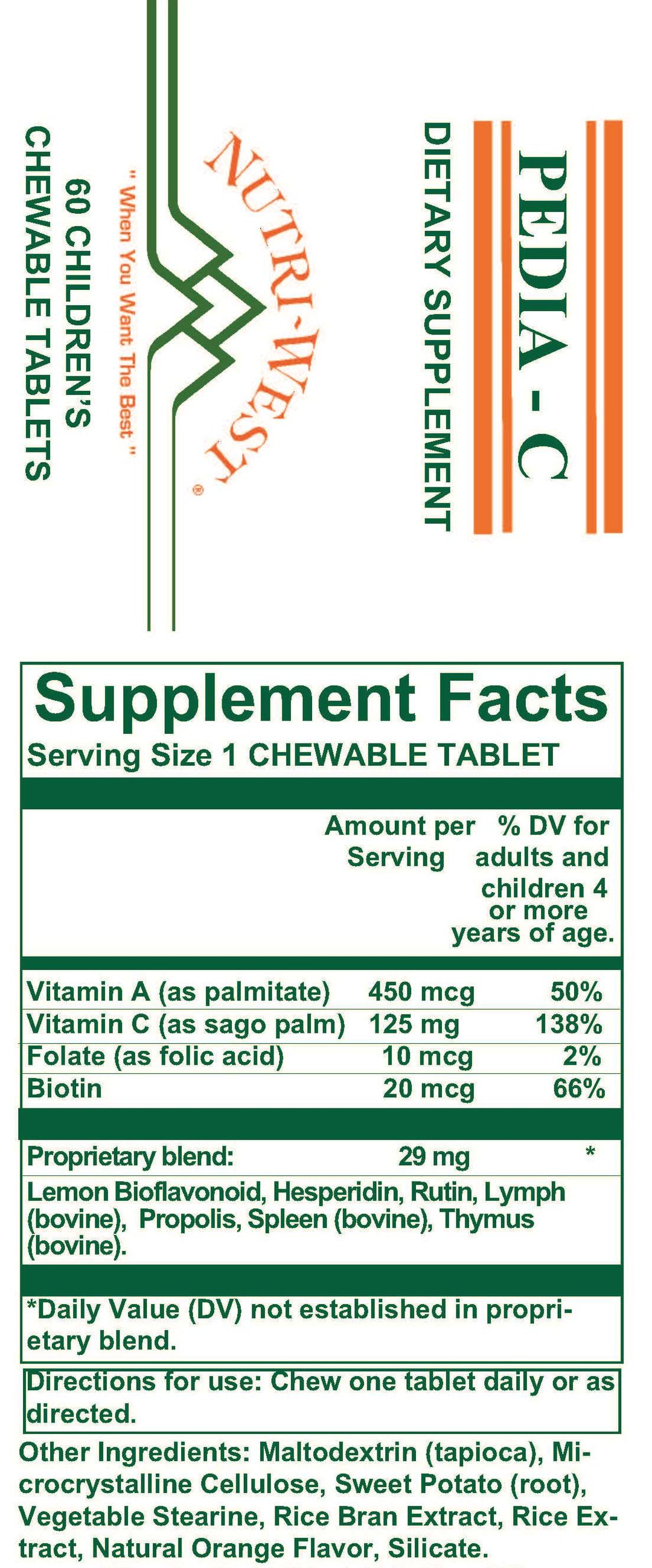 Nutri-West - Pedia-C - 60 Tablets - Supplement Facts panel