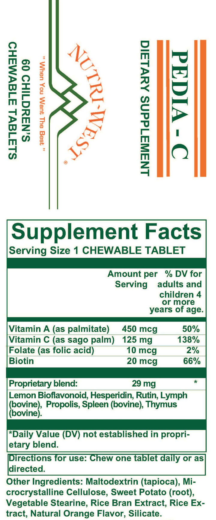 Nutri-West - Pedia-C - 60 Tablets - Supplement Facts panel