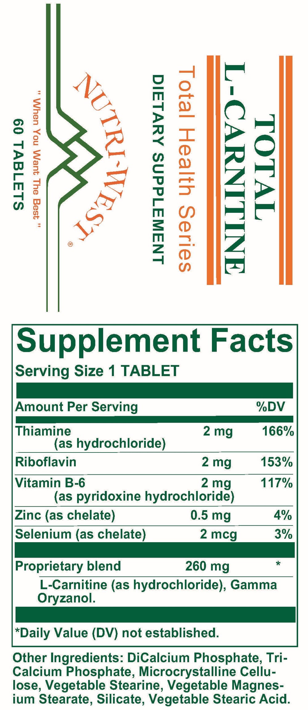 Nutri-West - Total L-Carnitine - 60 Tablets - Supplement Facts panel