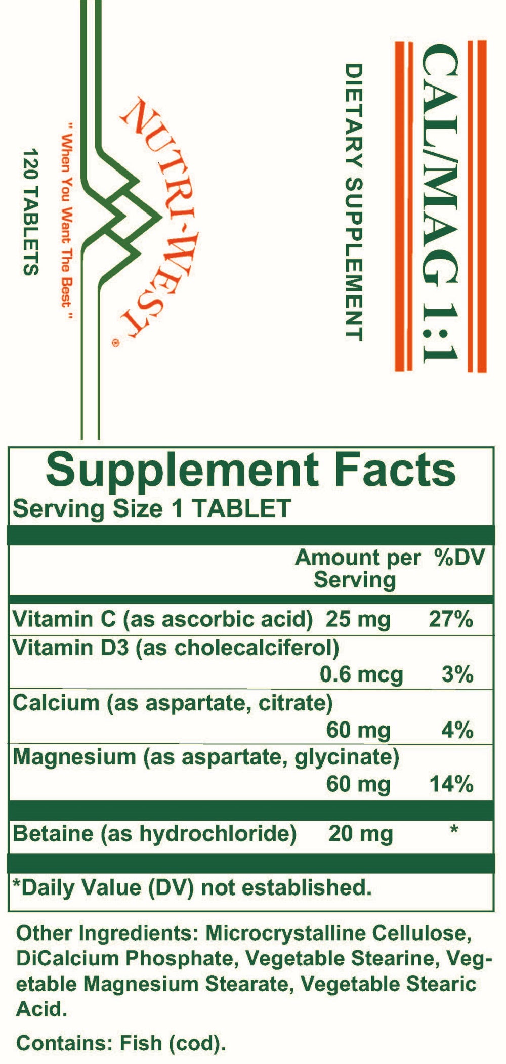 Nutri-West - Cal/Mag 1:1 - 120 Tablets - Supplement Facts panel