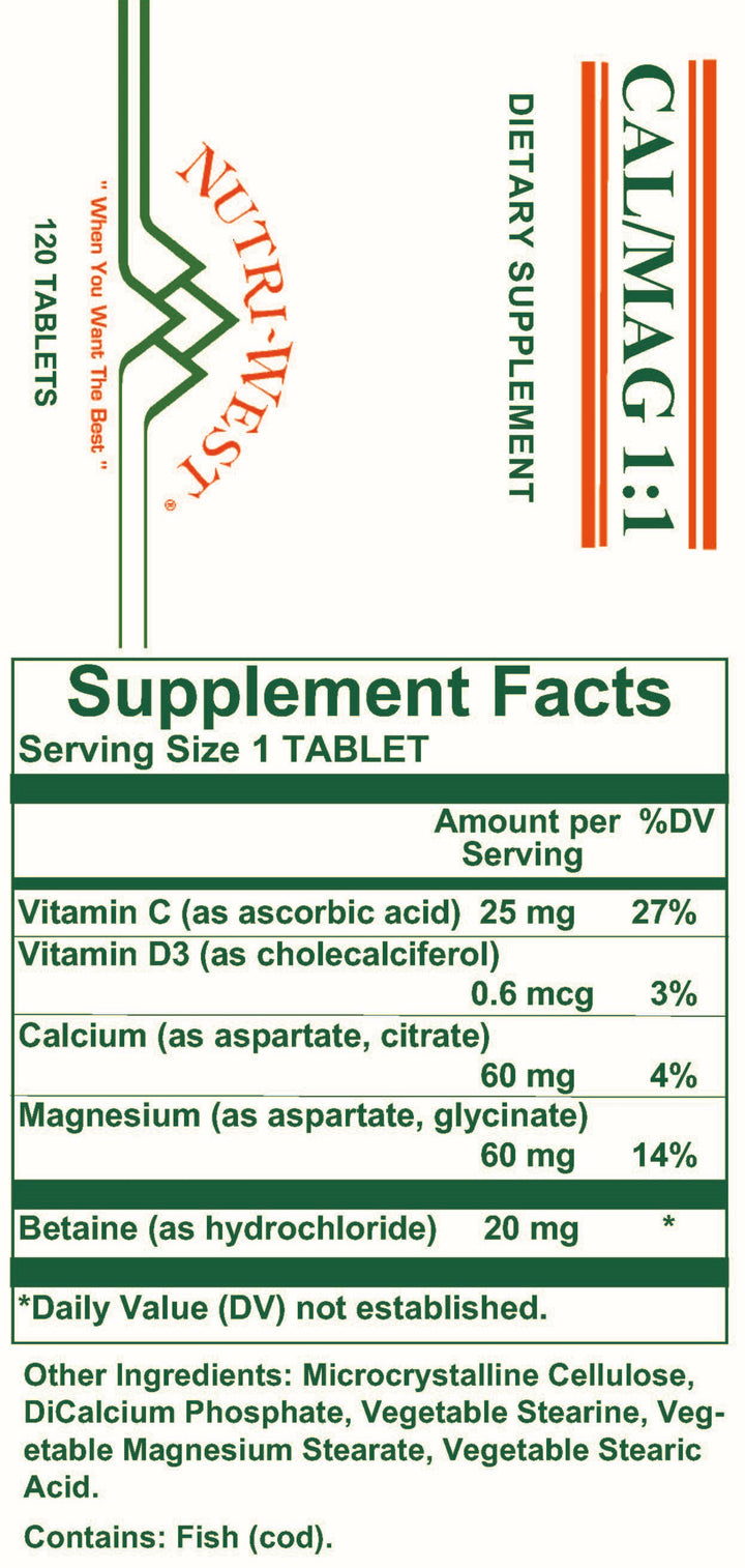 Nutri-West - Cal/Mag 1:1 - 120 Tablets - Supplement Facts panel