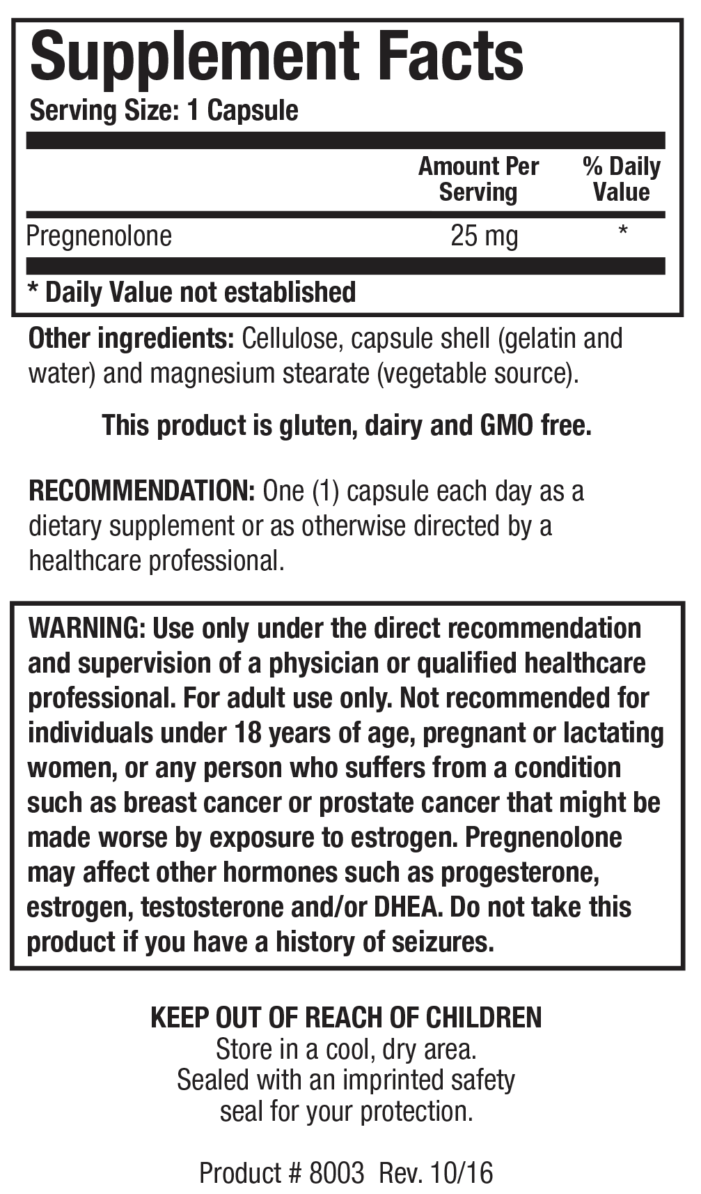 Biotics Research Pregnenolone 25 - Supplement Facts panel