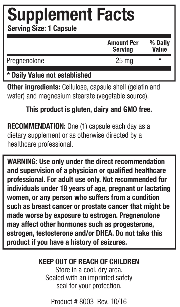 Biotics Research Pregnenolone 25 - Supplement Facts panel