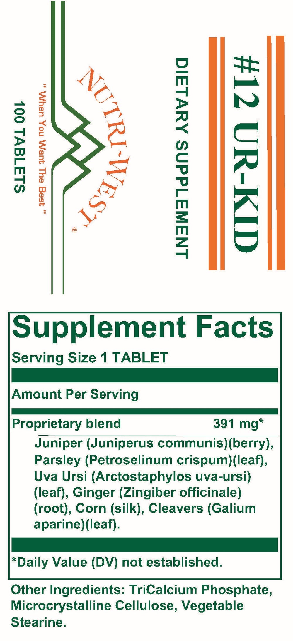 Nutri-West - #12 UR-KID (Herbal) - 100 Tablets - Supplement Facts panel
