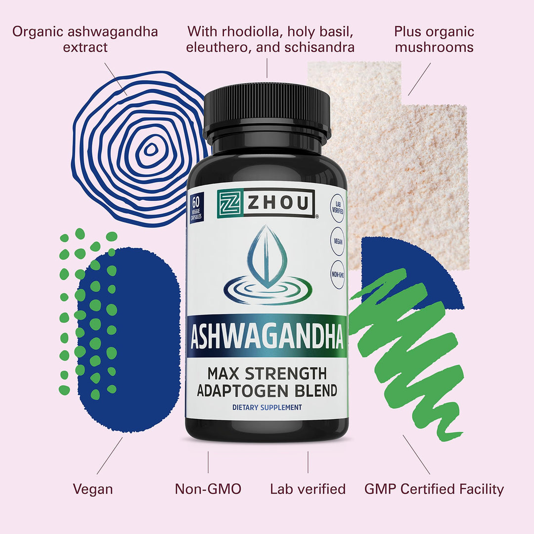 Zhou Nutrition Ashwagandha Capsules, Mood Enhancer, Energy Boost, Blend of Rhodiola, Holy Basil, Cordyceps, Reishi &amp; Ashwagandha Supplement, 30 Servings, 60 Capsules