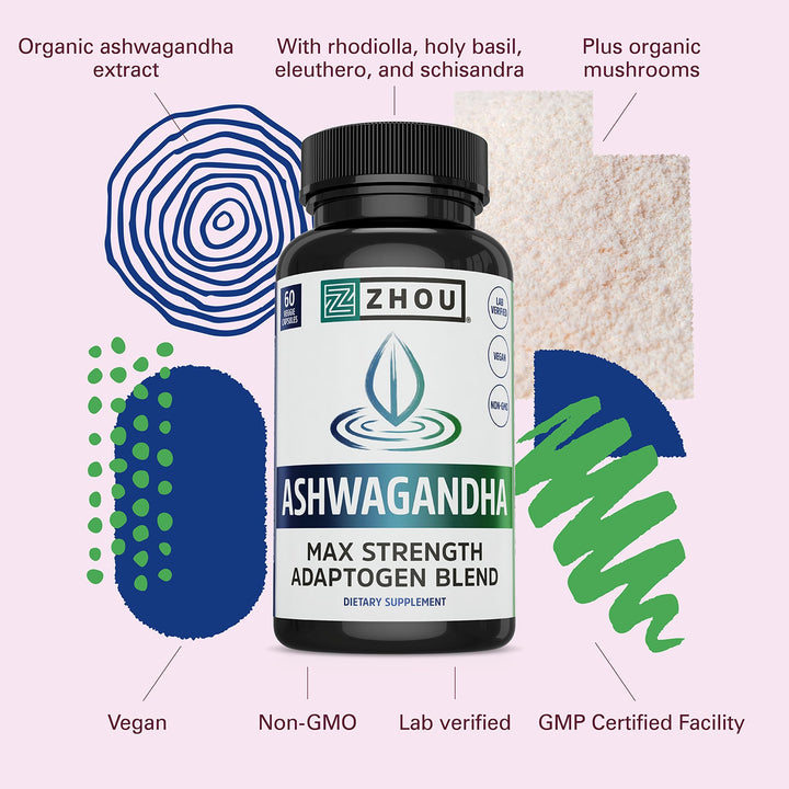 Zhou Nutrition Ashwagandha Capsules, Mood Enhancer, Energy Boost, Blend of Rhodiola, Holy Basil, Cordyceps, Reishi &amp; Ashwagandha Supplement, 30 Servings, 60 Capsules