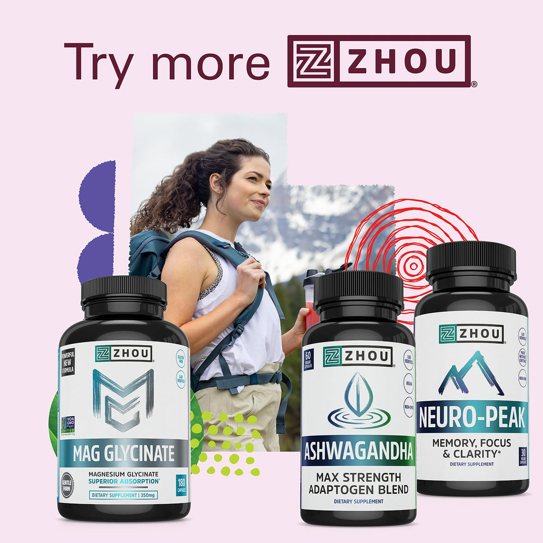 Zhou Nutrition Ashwagandha Capsules, Mood Enhancer, Energy Boost, Blend of Rhodiola, Holy Basil, Cordyceps, Reishi &amp; Ashwagandha Supplement, 30 Servings, 60 Capsules