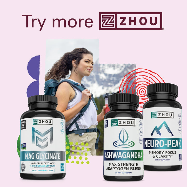 Zhou Nutrition Ashwagandha Capsules, Mood Enhancer, Energy Boost, Blend of Rhodiola, Holy Basil, Cordyceps, Reishi &amp; Ashwagandha Supplement, 30 Servings, 60 Capsules