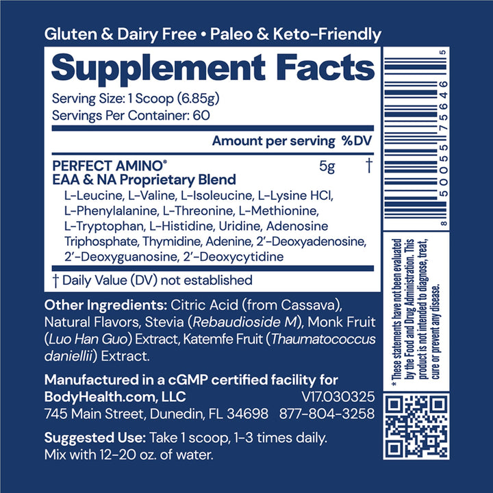 BodyHealth PerfectAmino Powder - BCAA and EAA Powder for Pre and Post Workout - Amino Acid Energy Drink for Men and Women to Support Lean Muscle and Recovery - Lemon Lime - 60 Servings
