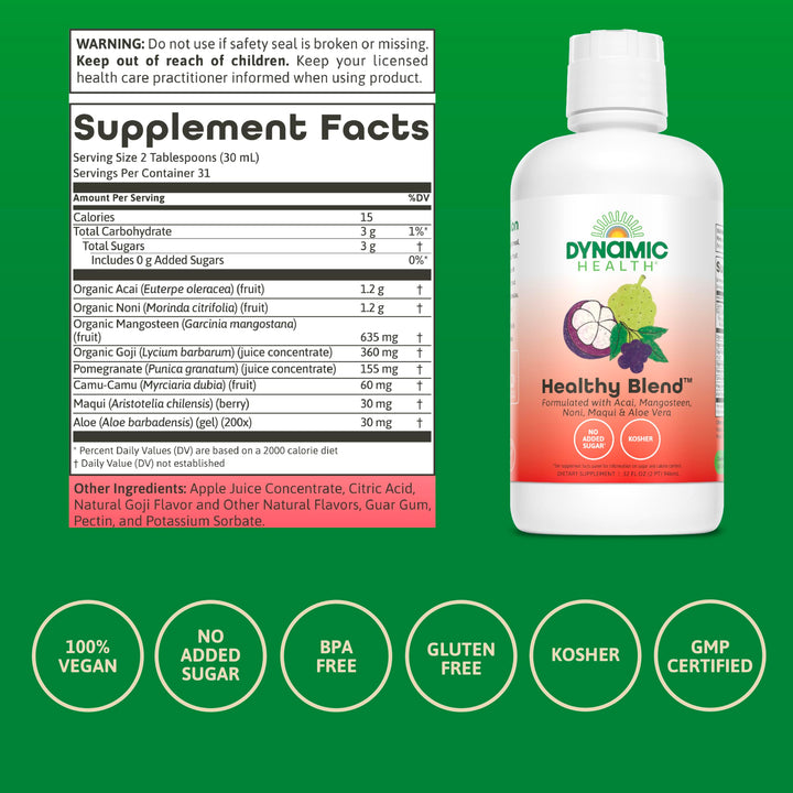Dynamic Health Healthy Blend with Acai, Mangosteen, Noni, Maqui &amp; Aloe Vera, No Additives, Immune System Support, Antioxidant, Vegan, Gluten Free, Non-GMO, 32 Fl oz