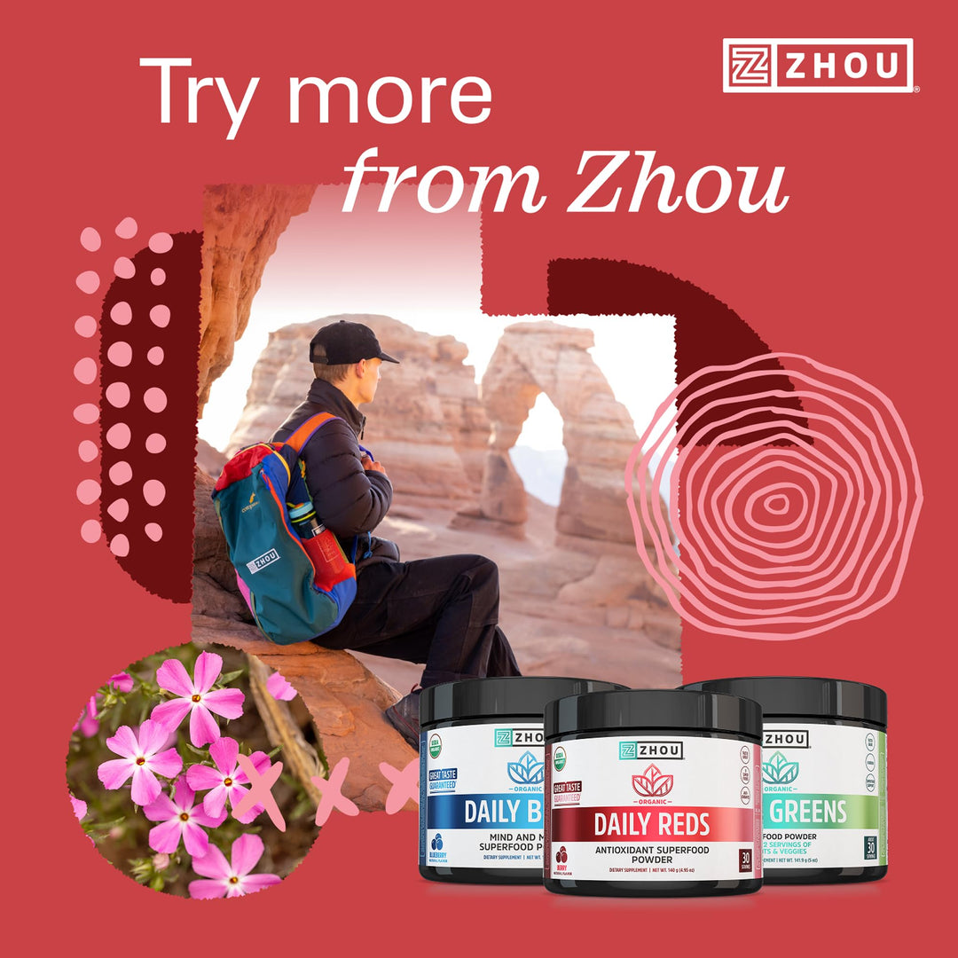 Zhou Organic Reds Powder - Red Powder Superfood with Beetroot, Super Fruits, Goji Berry, &amp; Tart Cherry, Antioxidant Support for Whole-Body Health - Natural Berry Flavor, 4.95 oz (30 Servings)