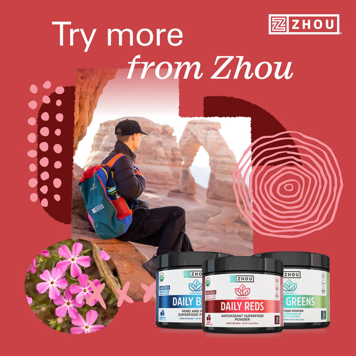 Zhou Organic Reds Powder - Red Powder Superfood with Beetroot, Super Fruits, Goji Berry, &amp; Tart Cherry, Antioxidant Support for Whole-Body Health - Natural Berry Flavor, 4.95 oz (30 Servings)