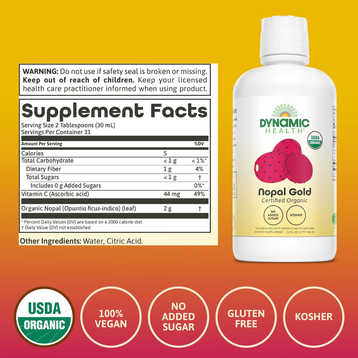 Dynamic Health Nopal Gold, Organic, No Additives, Antioxidant Support, Vegan, Gluten Free, Non-GMO, 32 Fl oz