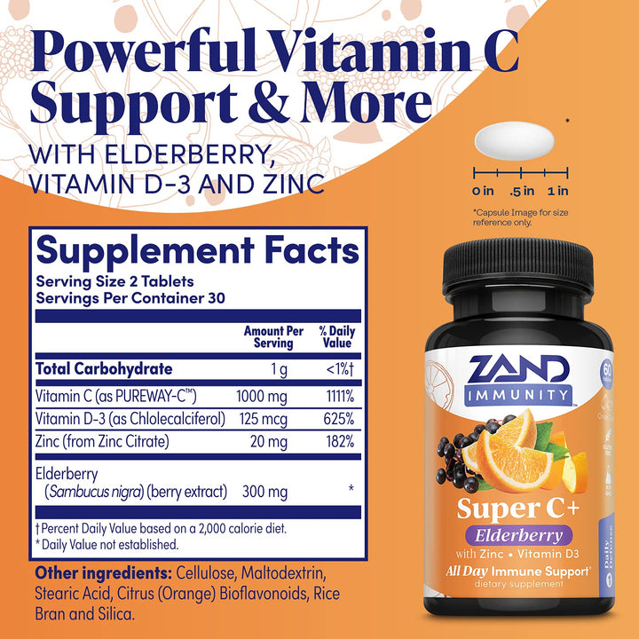 Zand Immunity Super C+ with Elderberry, All Day Immune Support, 1000mg PureWay-C Vitamin C Plus Zinc &amp; Vitamin D-3, Enhanced Absorption, 60 Tablets, 30 Servings