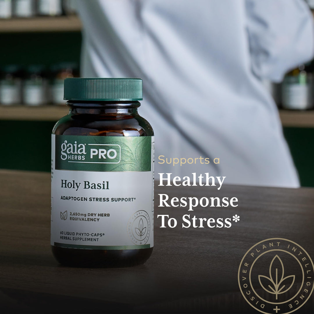 GAIA HERBS PRO Holy Basil - Stress Support Supplement - Contains Organic Holy Basil Leaf - Vegan, Gluten-Free &amp; Soy-Free - 60 Liquid Phyto-Caps (60 Servings)