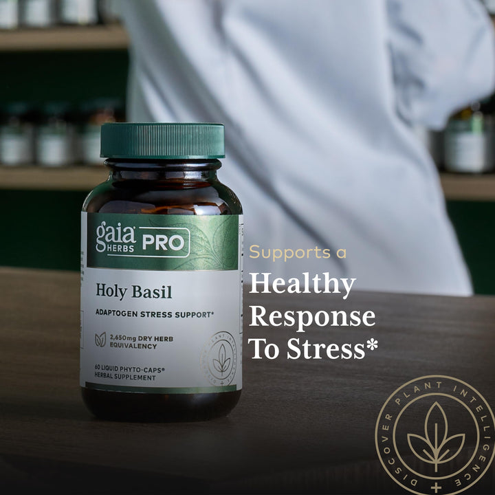 GAIA HERBS PRO Holy Basil - Stress Support Supplement - Contains Organic Holy Basil Leaf - Vegan, Gluten-Free &amp; Soy-Free - 60 Liquid Phyto-Caps (60 Servings)