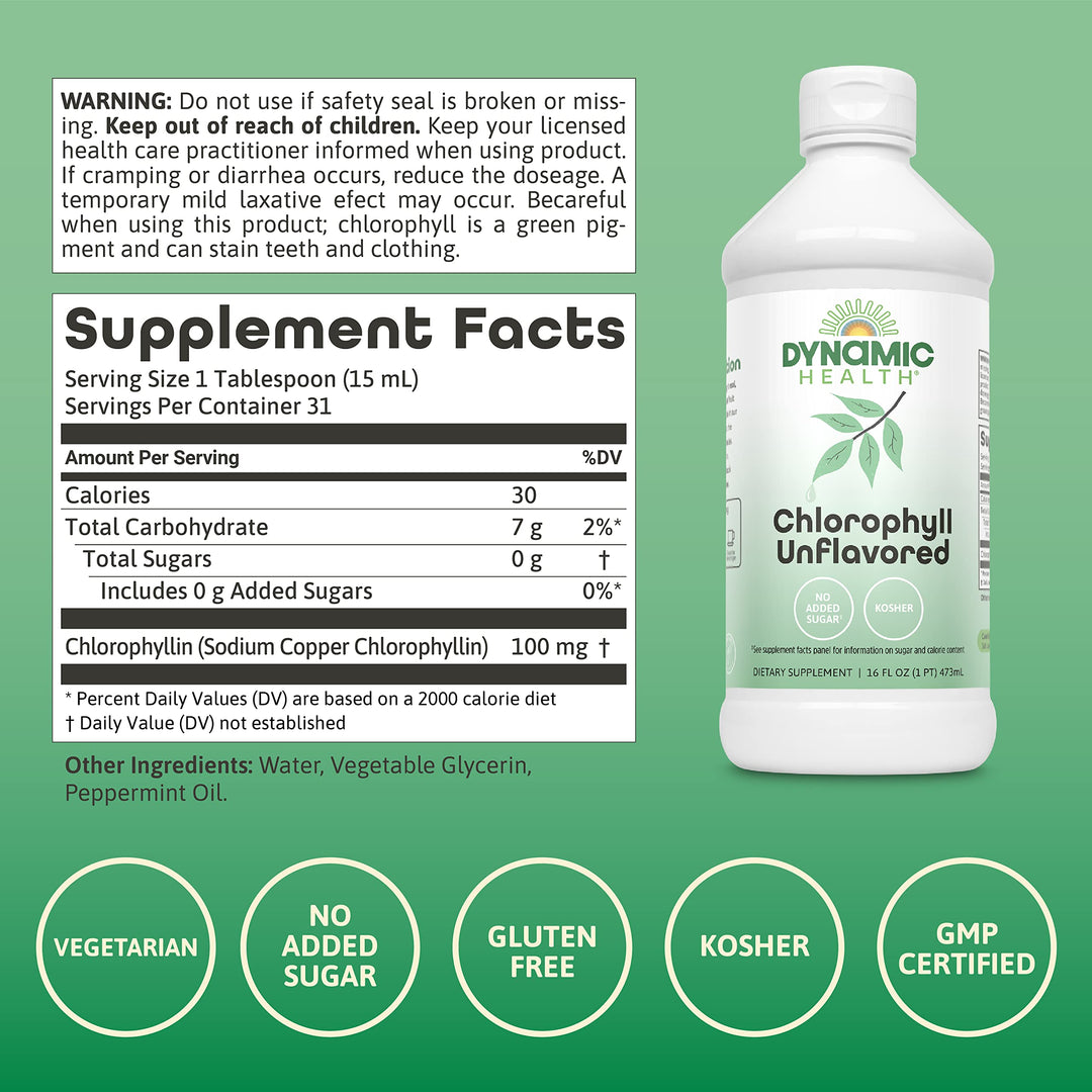Dynamic Health Liquid Chlorophyll Unflavored 100 mg, Sodium Copper Chlorophyllins with Alfalfa and Mulberry Leaves, Plant Cleanse and Deodorizing, No Added Sugar, 16 Fl Oz