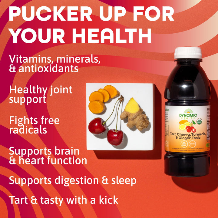 Dynamic Health Tart Cherry Juice Tonic with Turmeric &amp; Ginger | Vegetarian and Kosher | Key Compounds | 16 Fl Oz