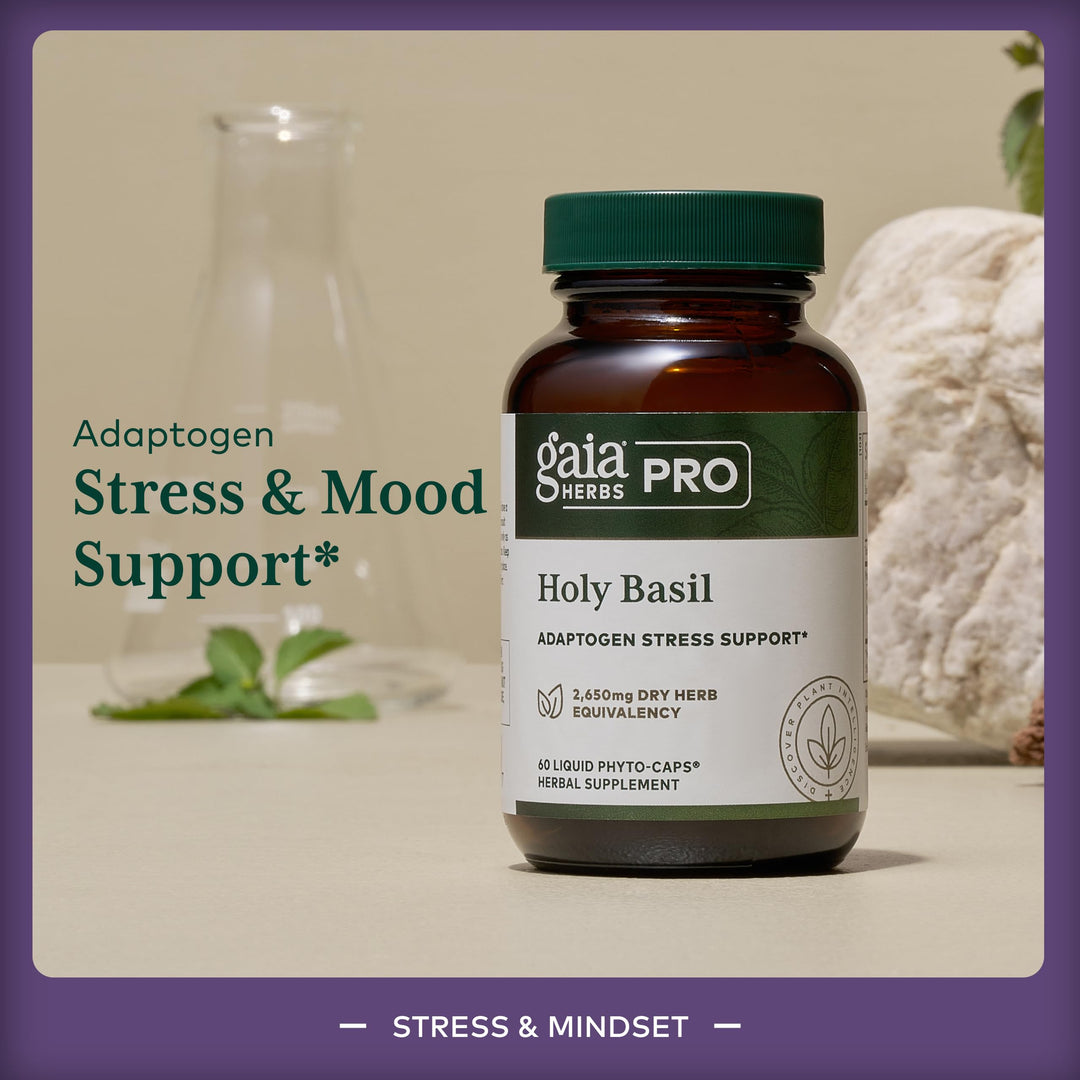GAIA HERBS PRO Holy Basil - Stress Support Supplement - Contains Organic Holy Basil Leaf - Vegan, Gluten-Free &amp; Soy-Free - 60 Liquid Phyto-Caps (60 Servings)