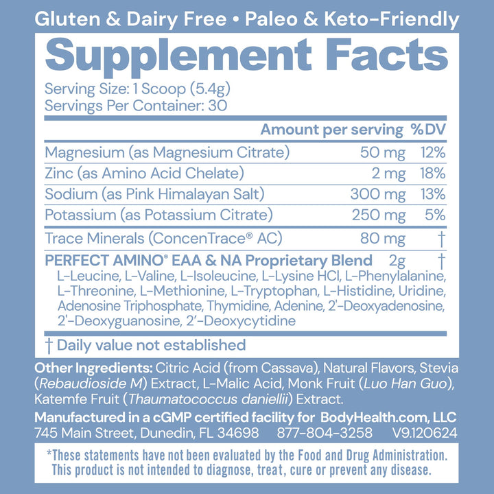 BodyHealth PerfectAmino Electrolytes Powder No Sugar, Keto Sugar Free Fasting Electrolytes Drink Mix, Hydration Powder with Trace Minerals - Orange - 30 Servings