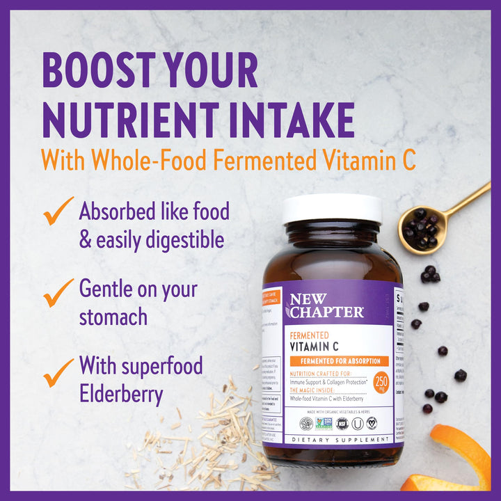 New Chapter Fermented Vitamin C + Elderberry, ONE Daily for Immune Support &amp; Collagen Protection, Made with Organic Herbs, Certified Vegan, Gluten Free, 60 Count