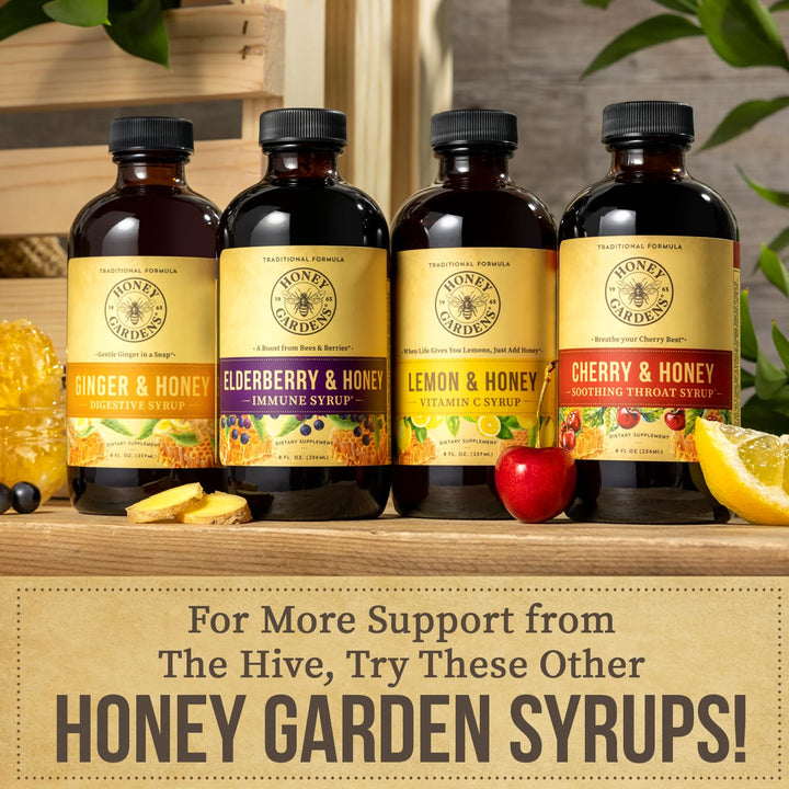 Honey Gardens Cherry &amp; Honey Soothing Throat Syrup, Apitherapy Formula with Organic Raw Honey, Organic Apple Cider Vinegar, Black Cherry, and Herbal Extracts, 48 Servings, 8 FL. OZ.