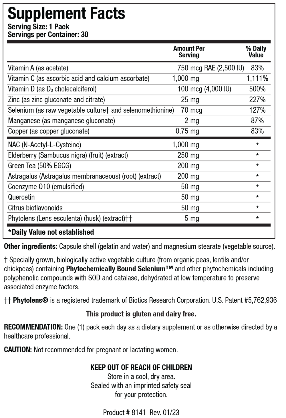 Biotics Research Immune Support Packs - Supplement Facts panel