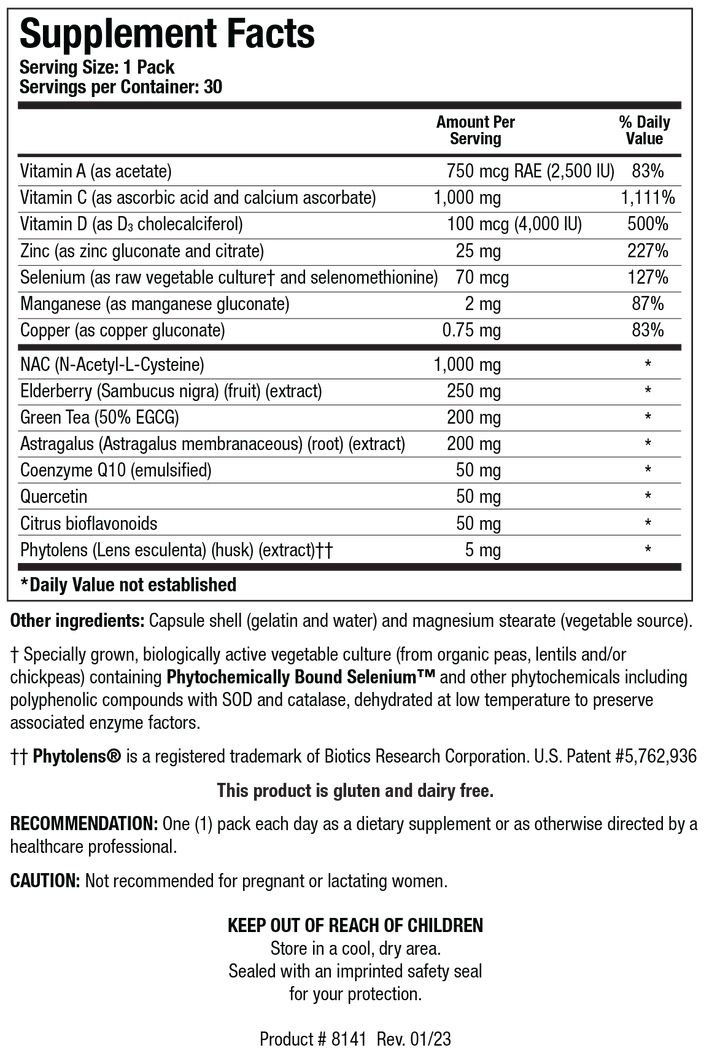 Biotics Research Immune Support Packs - Supplement Facts panel