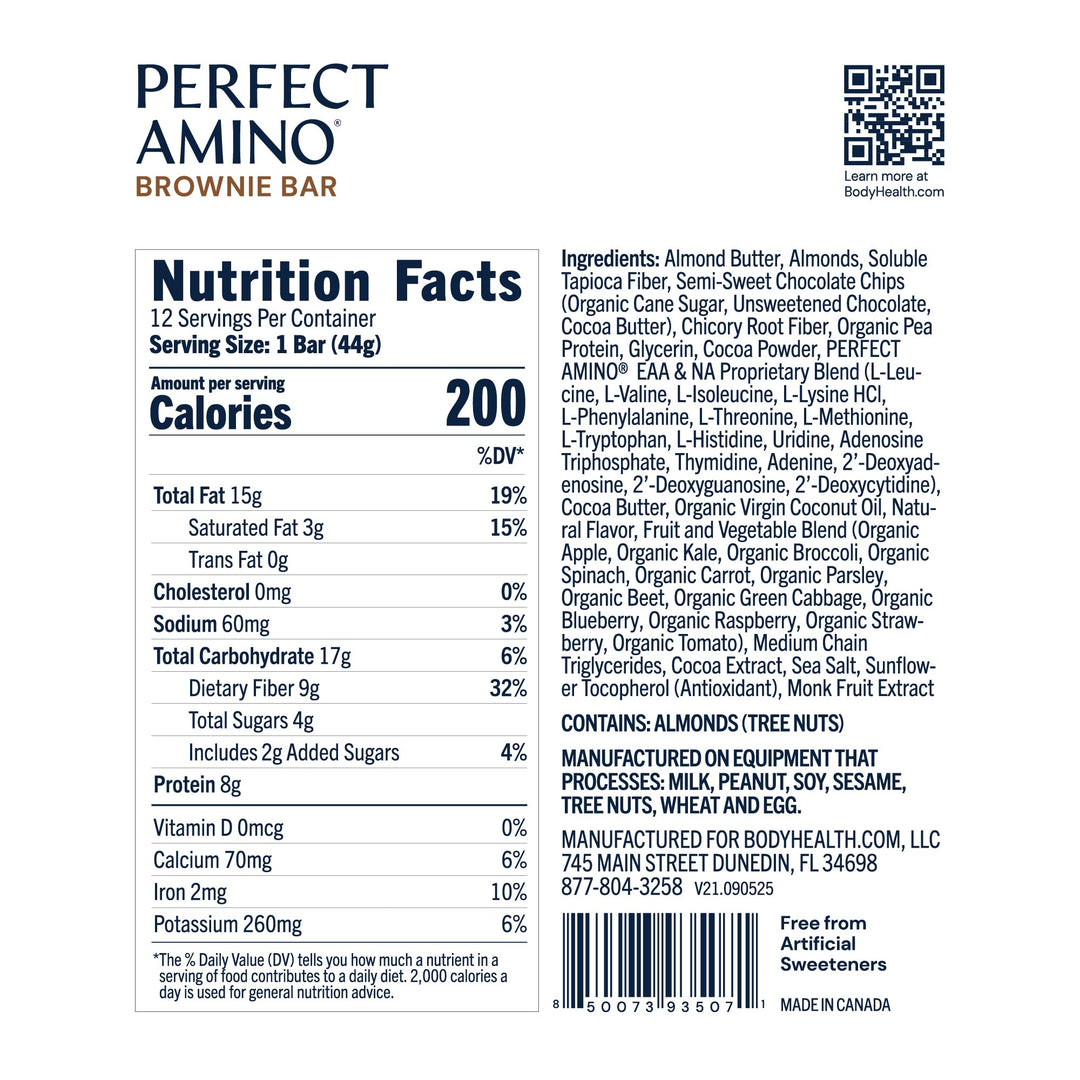 BodyHealth PerfectAmino Bar – Protein Energy Snack with 10g Protein, Plant-Based MCTs, Superfood Blend, Non-GMO, Gluten, Dairy &amp; Soy Free (Brownie, 12 Pack)
