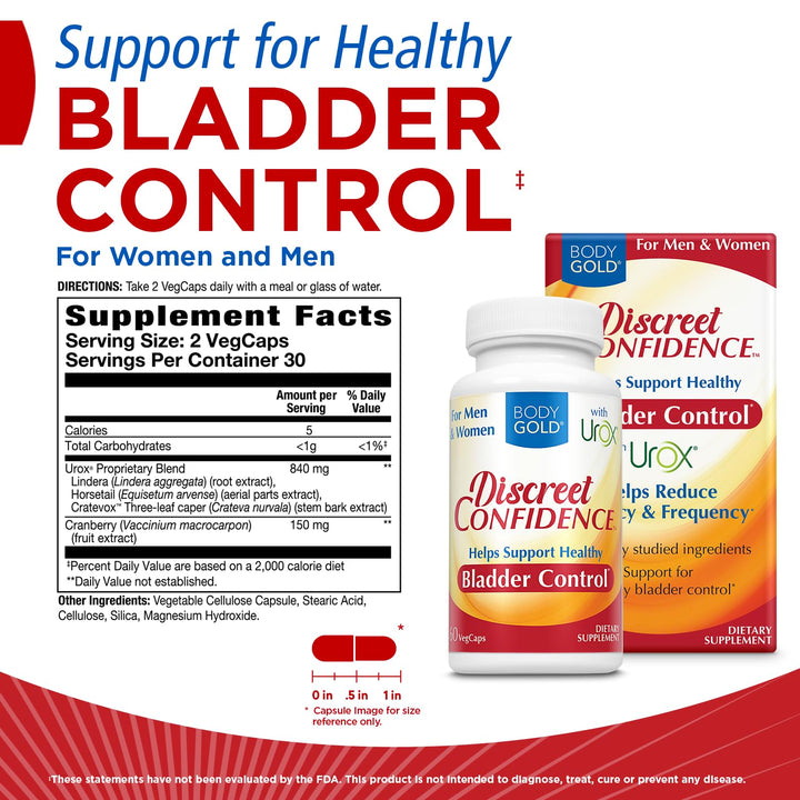 Body Gold Discreet Confidence - Helps Support Bladder Control, Reduce Urgency and Frequency - Bladder Support with Urox, Cranberry Extract, Gluten Free, Vegan, 60-Day Guarantee, 30 Serv, 60 VegCaps