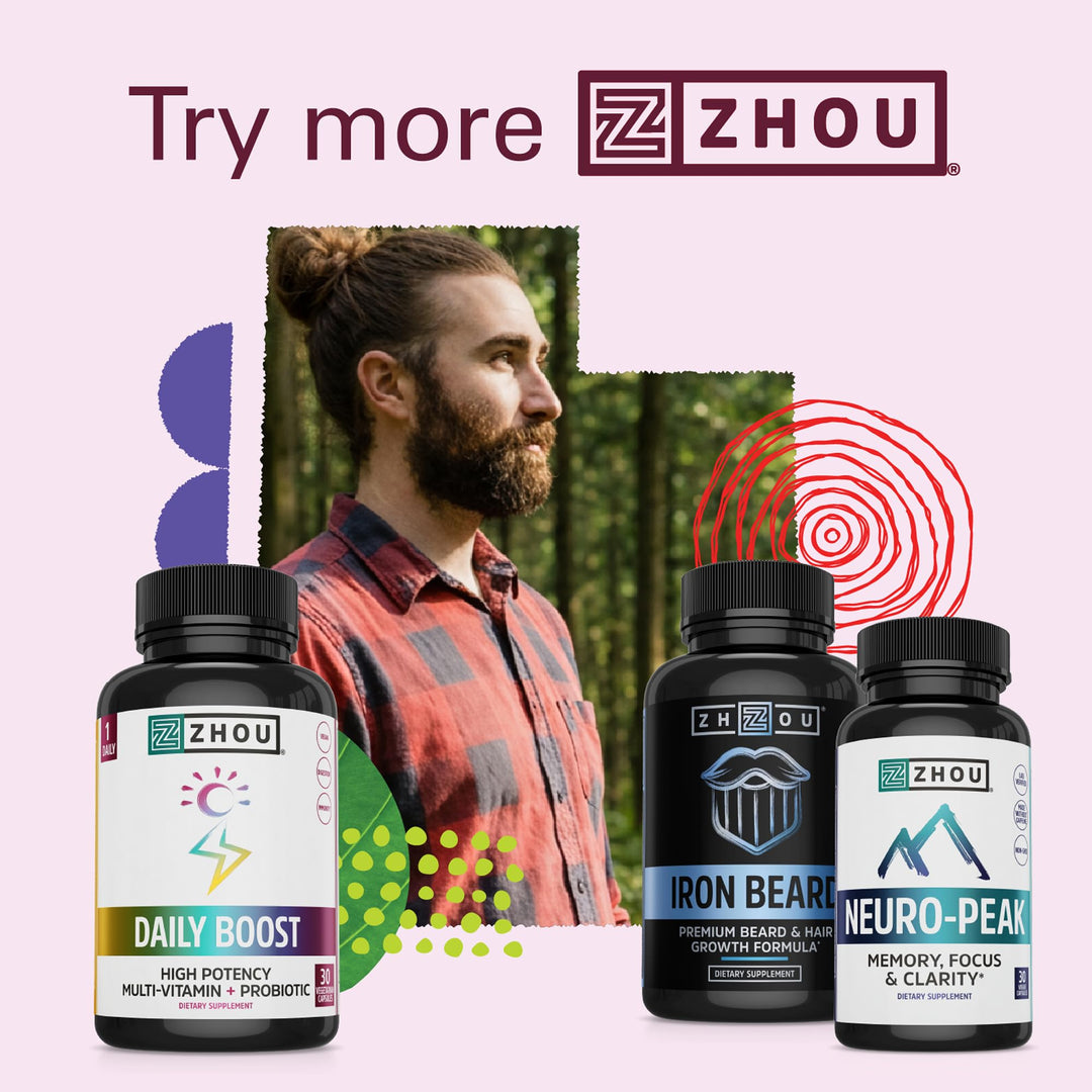 Zhou Iron Beard - Beard Growth Vitamins Men, Premium Biotin, Saw Palmetto &amp; B Vitamin Pills to Support Facial Hair, Beard Care Supplement for Full Beard - 60 Veggie Capsules