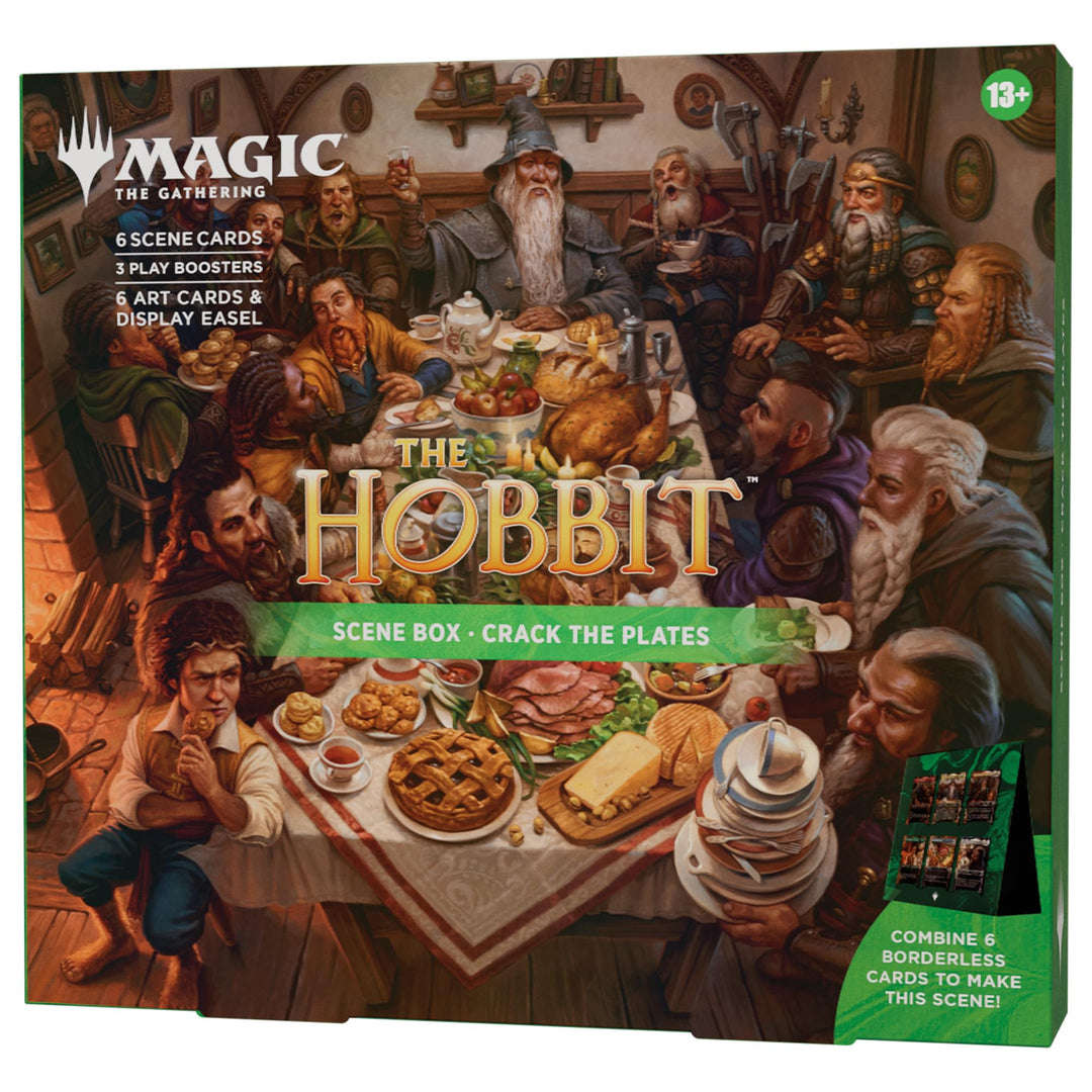 Magic: The Gathering | The Hobbit Scene Box - Crack the Plates| 6 Foil Borderless Scene Cards, 6 Art Cards, 3 Play Boosters + Display Easel