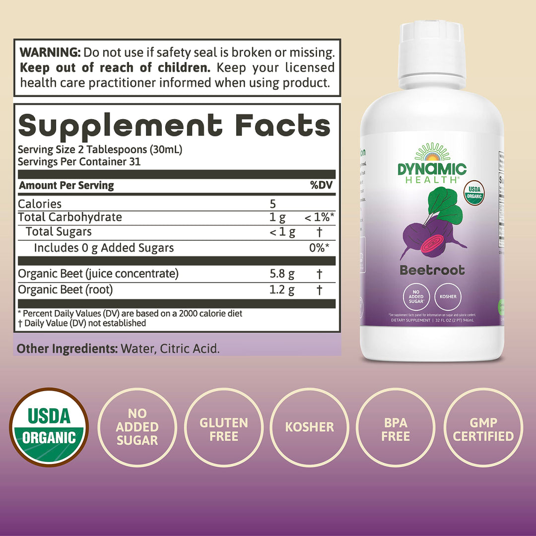 Dynamic Health Certified Organic Beetroot Juice Concentrate Dietary Supplement, No Added Sugar, Artificial Colors, Preservatives, BPA-Free, Gluten-Free, 32 oz