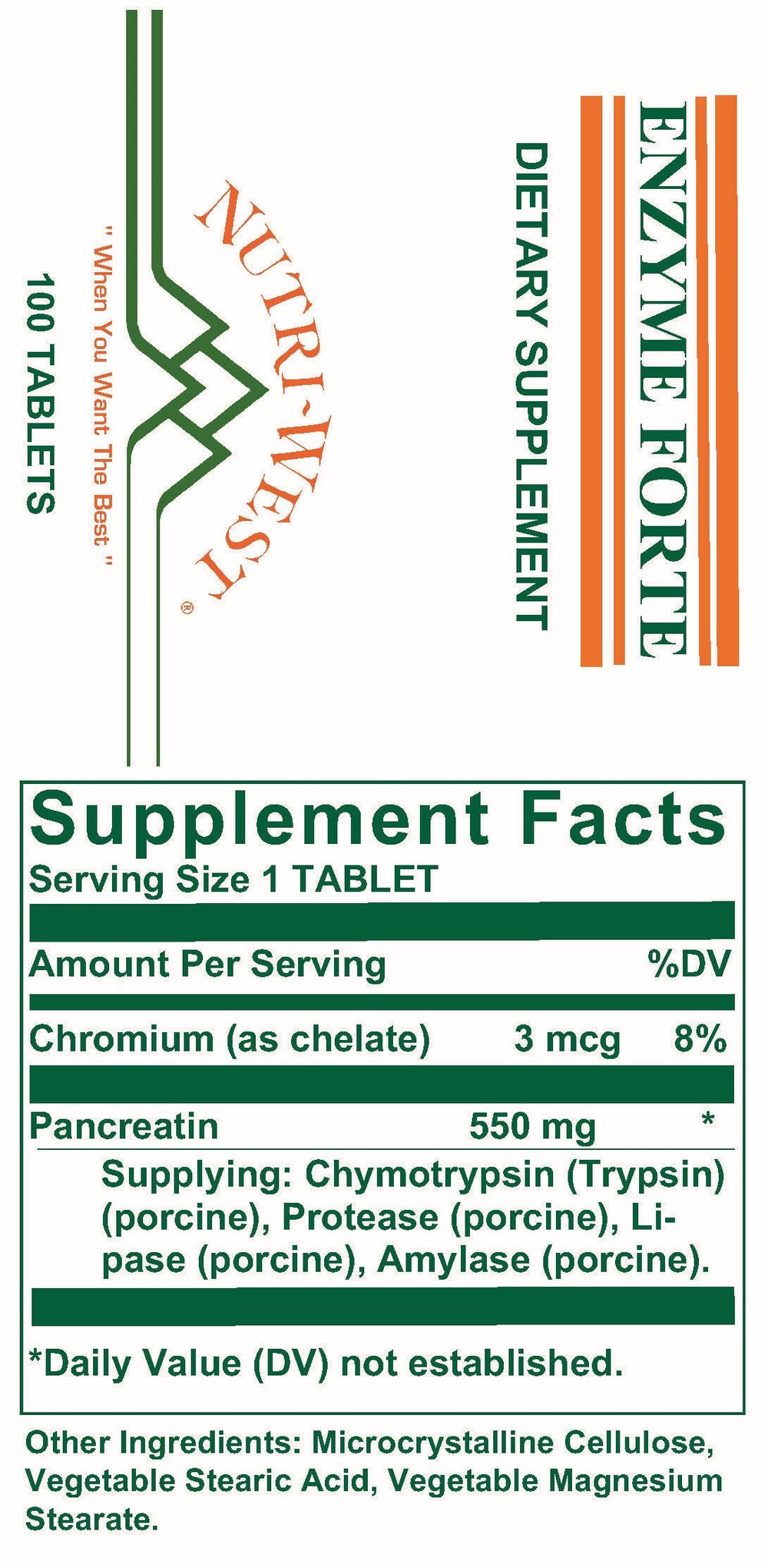 Nutri-West - Enzyme Forte - 100 Tablets - Supplement Facts panel