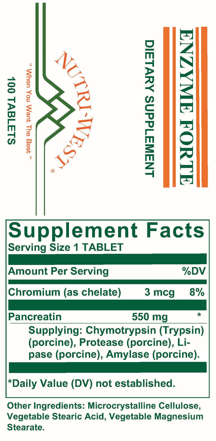 Nutri-West - Enzyme Forte - 100 Tablets - Supplement Facts panel