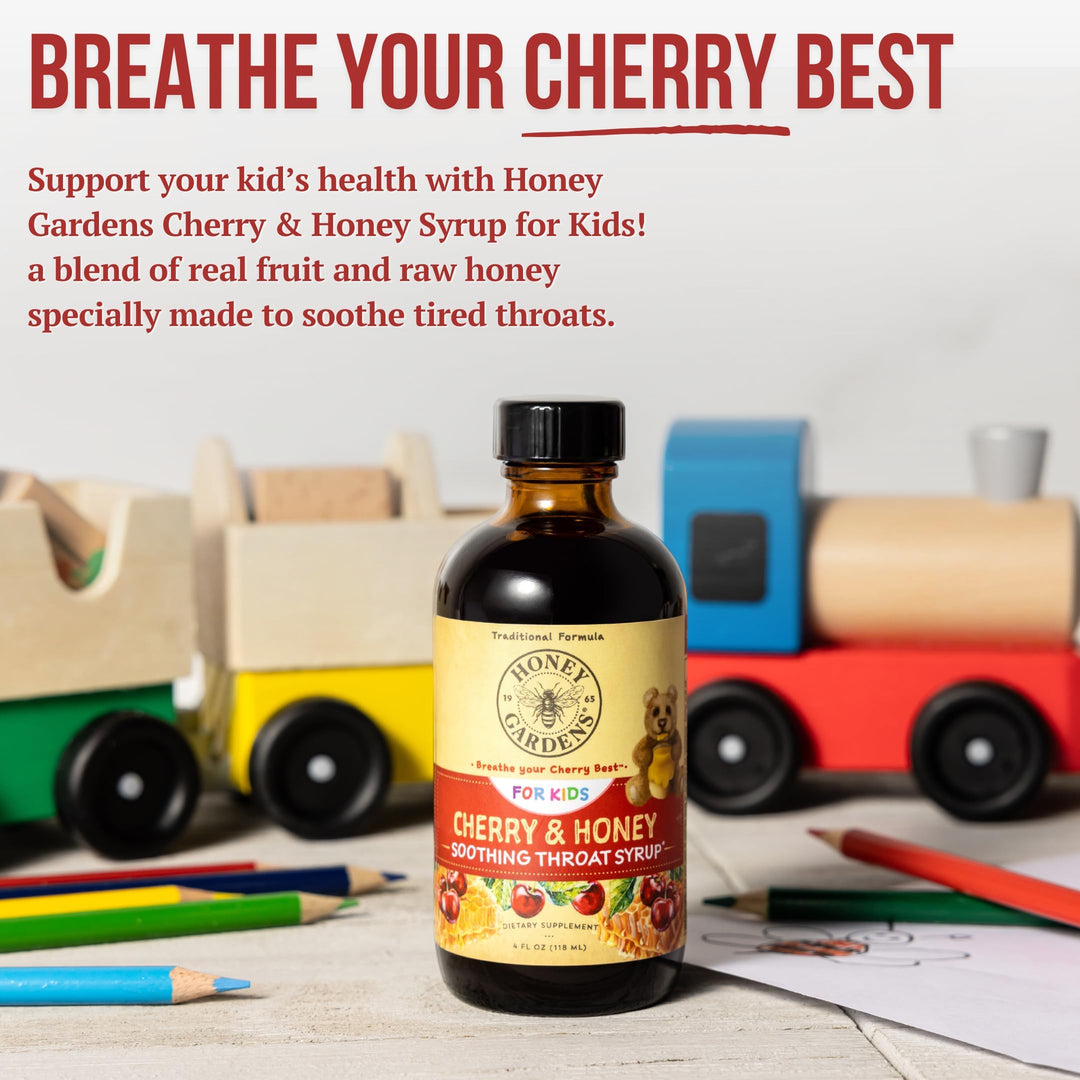 Honey Gardens Kids Cherry &amp; Honey Soothing Throat Syrup, Herbal Infused Raw Honey Syrup, Apitherapy Formula Includes Extracts of Umckaloabo, Black Cherry, Marshmallow, 24 Servings, 4 FL. OZ.
