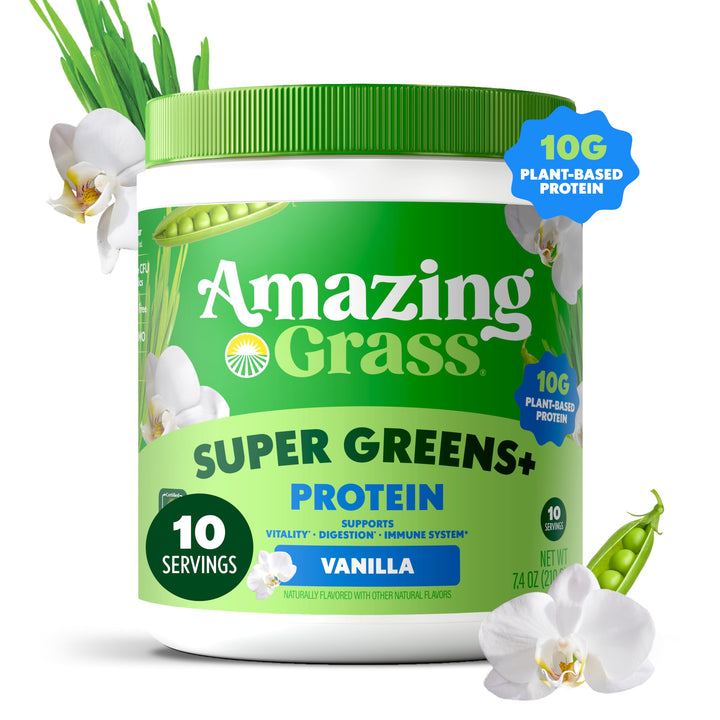 Amazing Grass Super Greens+ Protein Powder, Vanilla – 10g Plant-Based Protein, Supports Digestion &amp; Immune System, Organic Greens Blend, 10 Servings