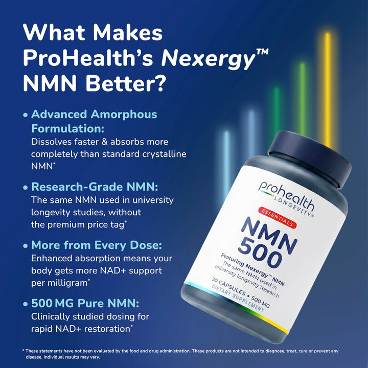 ProHealth Longevity Essentials NMN 500 (500mg, 30 Capsules) - Featuring Nexergy NMN 500mg Supplement, NAD+ Precursor, Dietary Supplement, Cellular Health, Metabolism Support