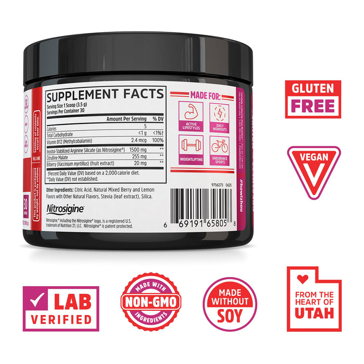 ZHOU Lite Up - Non Stim Powder, Nitric Oxide Precursor, Stim Free Supplement for Men &amp; Women, Caffeine Free Boost, Clean Formula - Berry Lemonade Flavor, 7.5 oz Jar (30 Scoops)