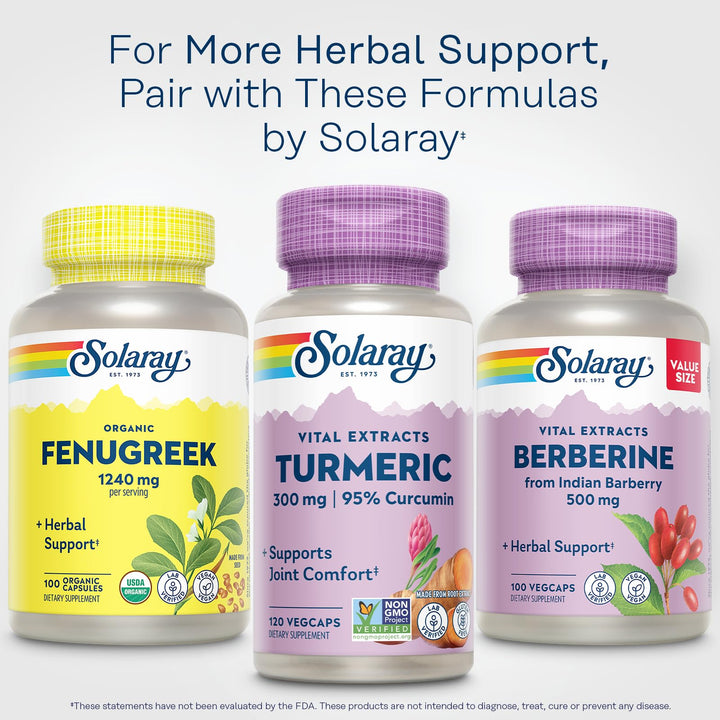 SOLARAY Organic Fenugreek Capsules 1240mg - Traditional Wellness Support Herbs - Made from Organic Fenugreek Seeds - USDA Organic, Vegan, Lab Verified, 60-Day Guarantee - 100 VegCaps, 50 Servings