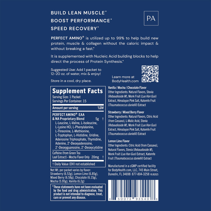 BodyHealth PerfectAmino Powder - BCAA and EAA Powder for Pre and Post Workout - Amino Acid Energy Drink for Men and Women to Support Lean Muscle and Recovery - Variety - Stick Packs - 15 Servings