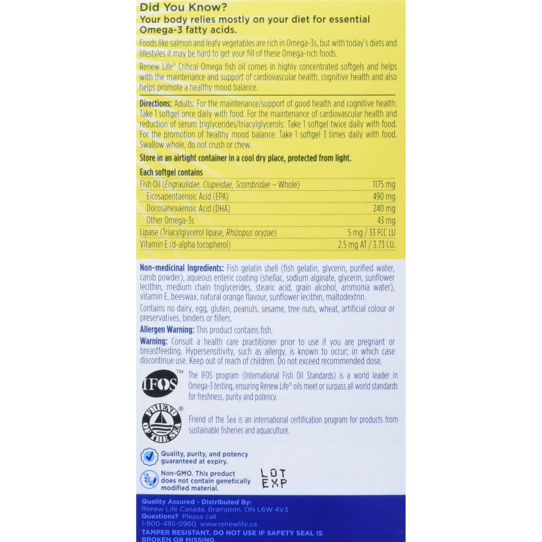Renew Life Norwegian Gold Critical Omega, Omega-3 Fish Oil, 60 Burp-Free Softgels (Pack May Vary)