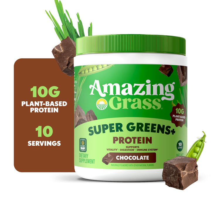 Amazing Grass Super Greens+ Protein Powder, Chocolate – 10g Plant-Based Protein, Supports Digestion &amp; Immune System, Organic Greens Blend, 10 Servings