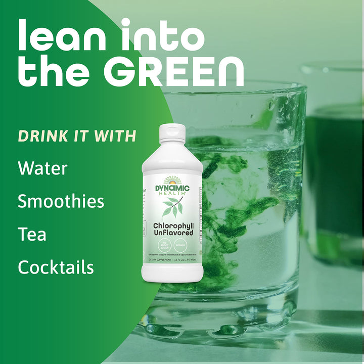 Dynamic Health Liquid Chlorophyll Unflavored 100 mg, Sodium Copper Chlorophyllins with Alfalfa and Mulberry Leaves, Plant Cleanse and Deodorizing, No Added Sugar, 16 Fl Oz