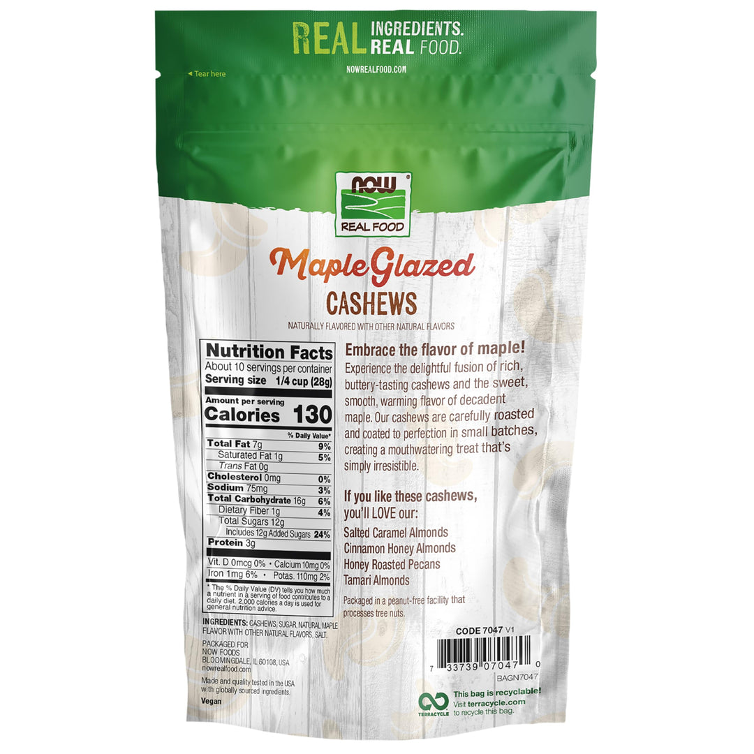 NOW Real Food Maple Glazed Cashews, 10 oz. bag, Crafted in Small Batches, Non-GMO Verified