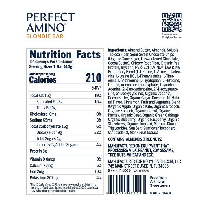 BodyHealth PerfectAmino Bar – Protein Energy Snack with 10g Protein, Plant-Based MCTs, Superfood Blend, Non-GMO, Gluten, Dairy &amp; Soy Free (Blondie, 12 Pack)
