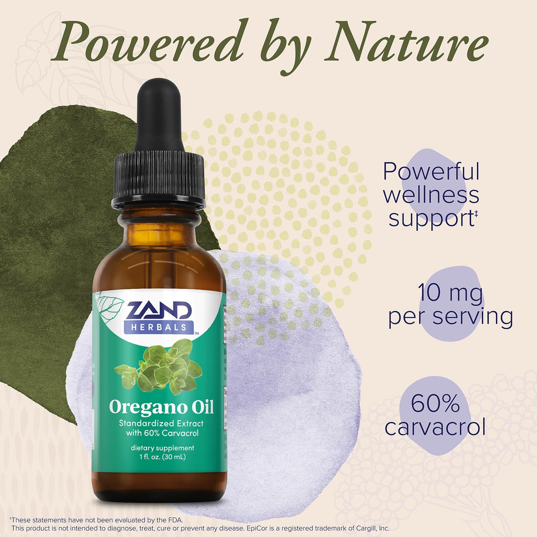 ZAND HERBALS Oregano Oil Drops - Plant Based Wellness Support - Standardized to 60% Carvacrol - Organic Extra Virgin Olive Oil Base - Lab Verified, 60-Day Guarantee, Approx. 300 Servings, 1 fl oz