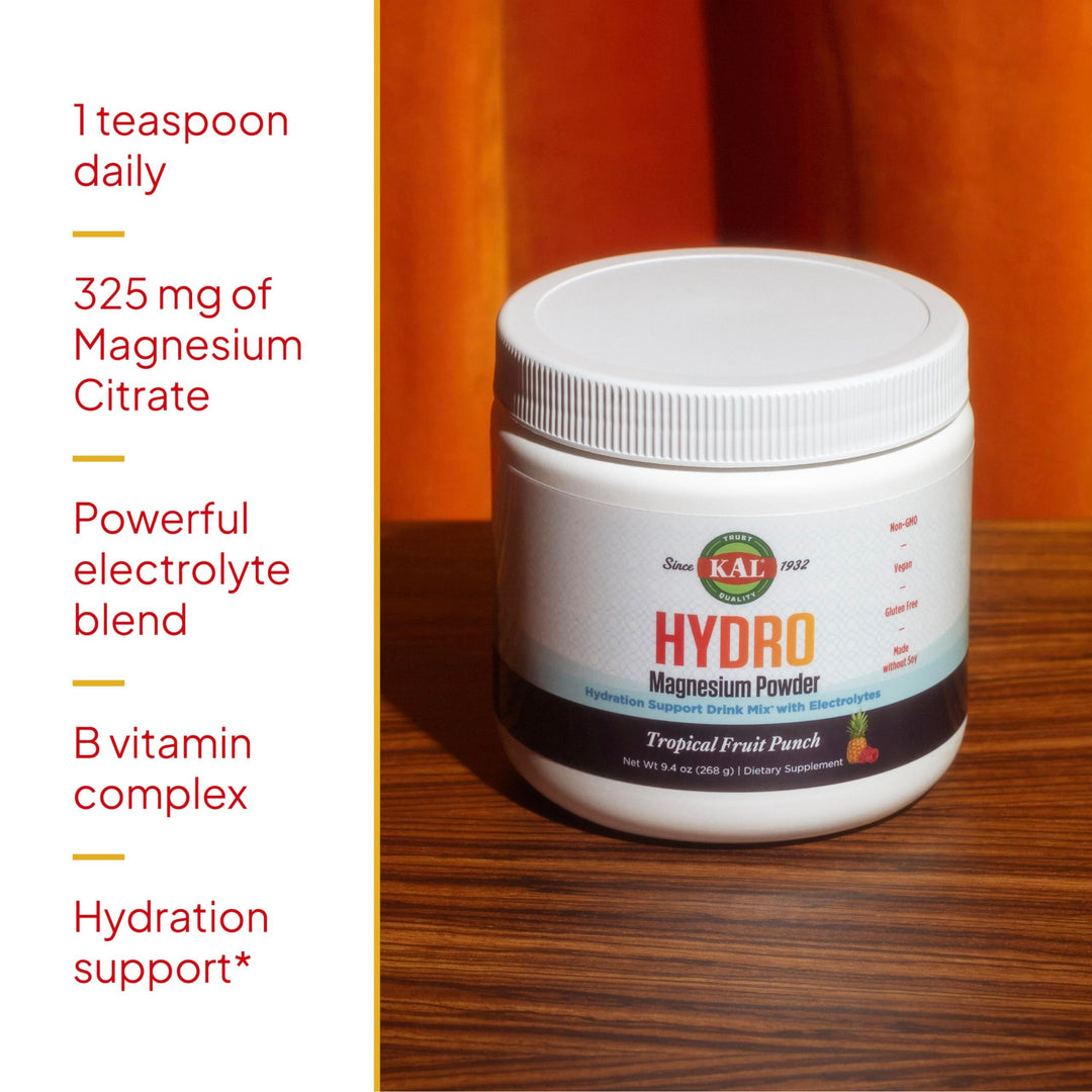 KAL Hydro Magnesium Plus Electrolytes Powder - Tropical Fruit Punch - Sodium, Chloride, Potassium Supplement - Hydration &amp; Cellular Energy Drink Mix - No Sugar - 60-Day Guarantee, 50 Servings, 9.4 OZ