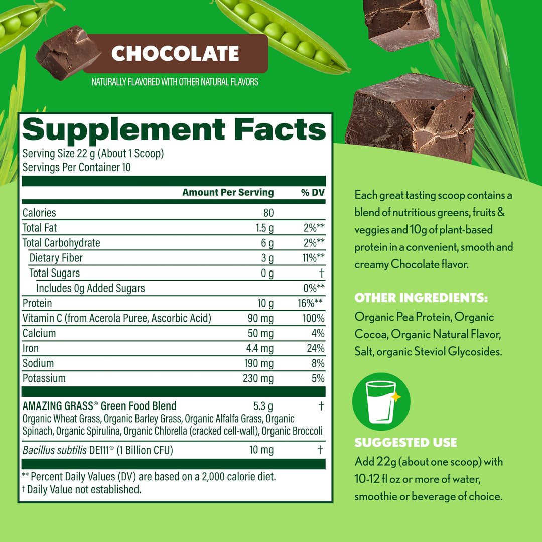 Amazing Grass Super Greens+ Protein Powder, Chocolate – 10g Plant-Based Protein, Supports Digestion &amp; Immune System, Organic Greens Blend, 10 Servings
