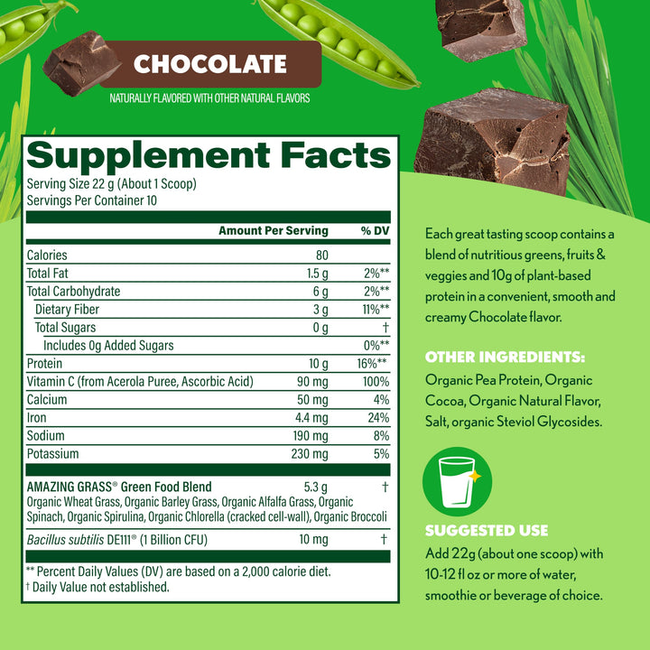 Amazing Grass Super Greens+ Protein Powder, Chocolate – 10g Plant-Based Protein, Supports Digestion &amp; Immune System, Organic Greens Blend, 10 Servings